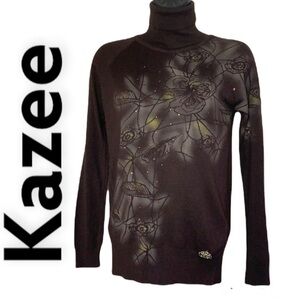 Kazee brown high neck floral w studs details knitted sweater size M